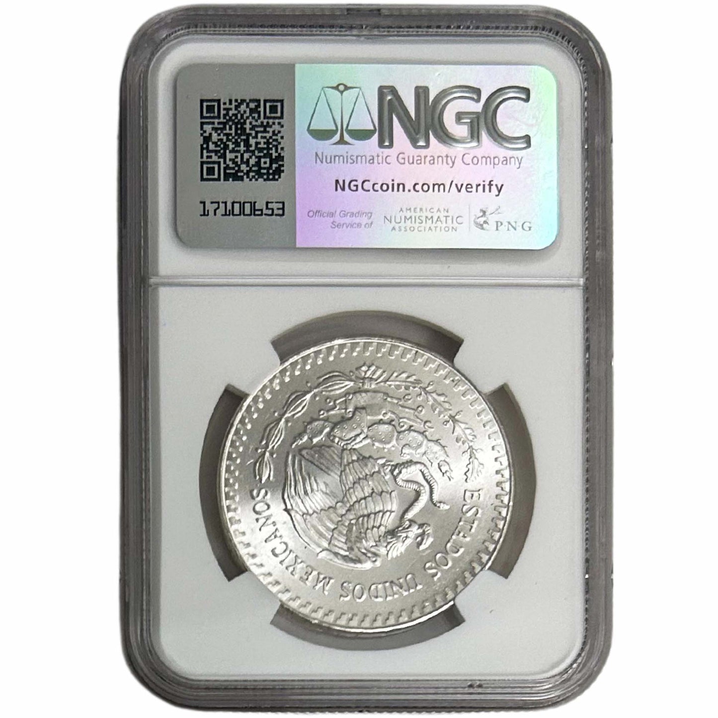 1985Mo Mexico 1 Silver Onza MS 67 Graded NGC Back