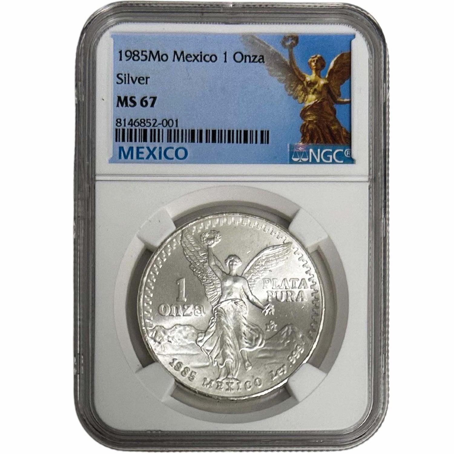 1985Mo Mexico 1 Silver Onza MS 67 Graded NGC Front