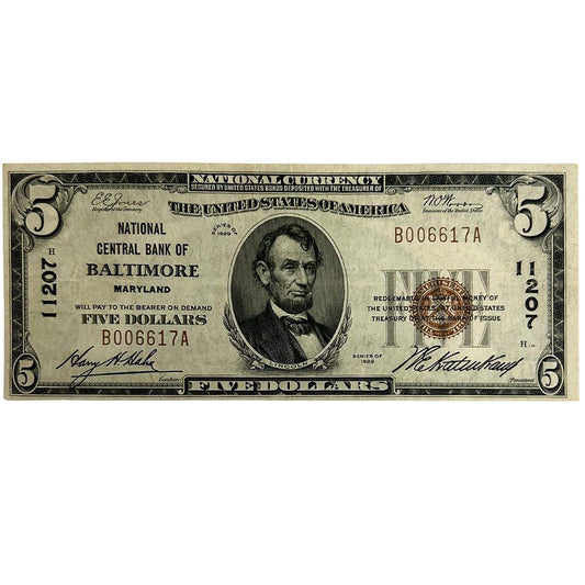 1929 US $5 National Currency Note Baltimore MD Gold & Silver Pawn Shop