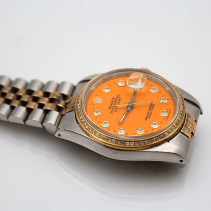 1988 Rolex Datejust Two Tone Orange Dial Watch Glass