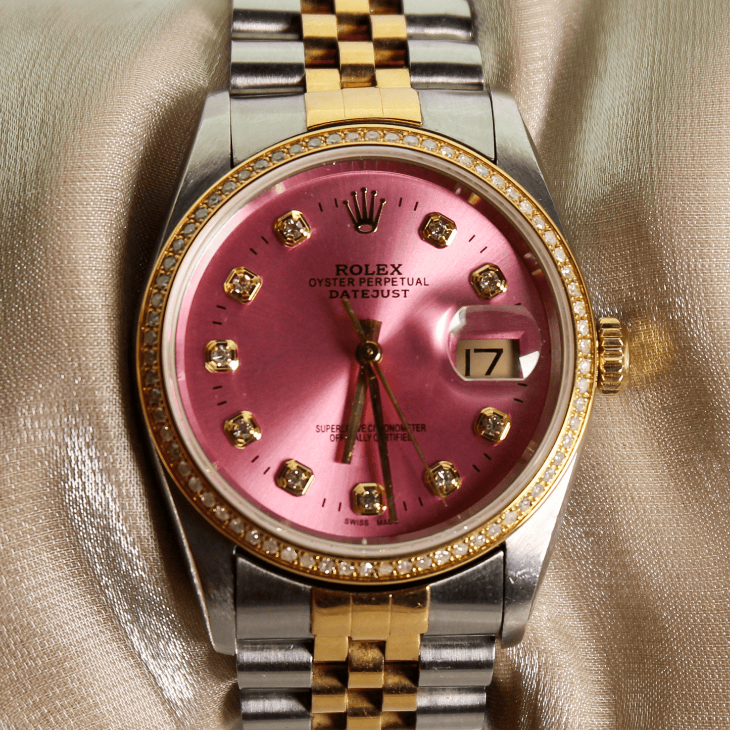 1996 Rolex Datejust Two Tone Pink Dial Watch Background