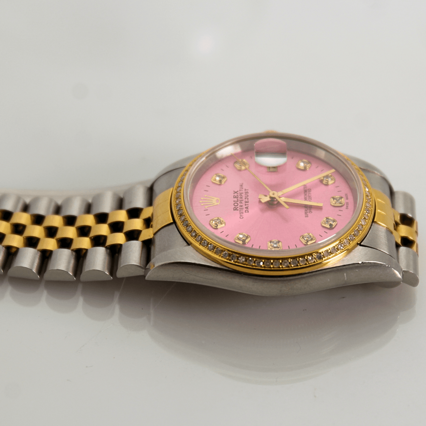 1996 Rolex Datejust Two Tone Pink Dial Watch Glass