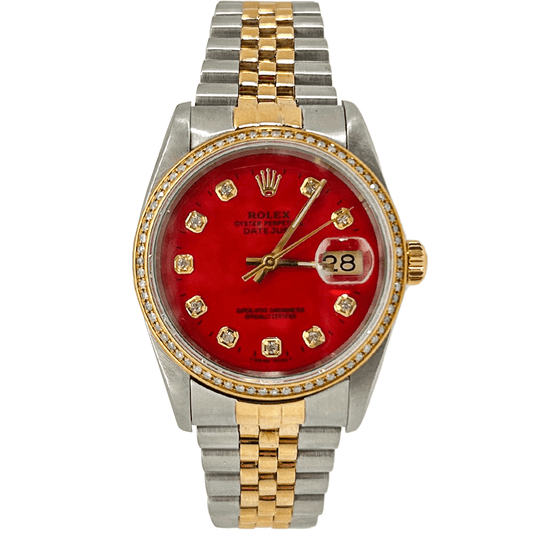 1990 Rolex Datejust Two Tone Red Dial Watch 