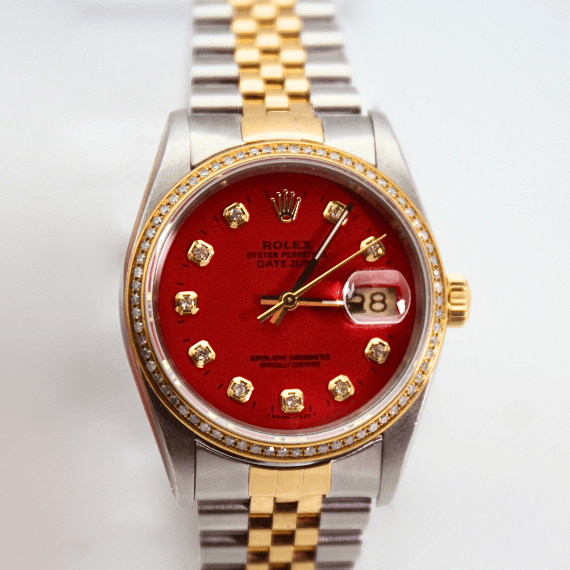 1990 Rolex Datejust Two Tone Red Dial Watch Front