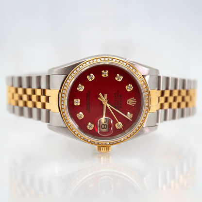 1990 Rolex Datejust Two Tone Red Dial Watch Front