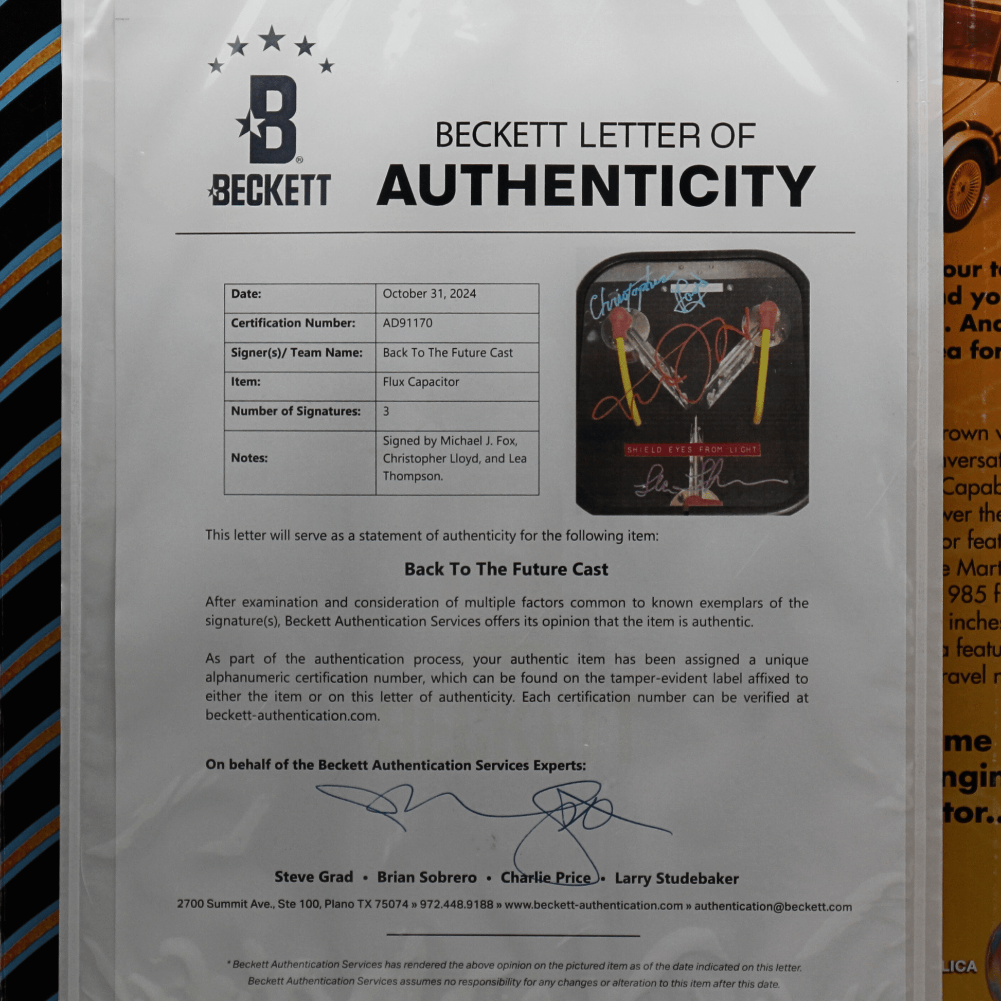 Signed Back To The Future "Flux Capacitor" COA