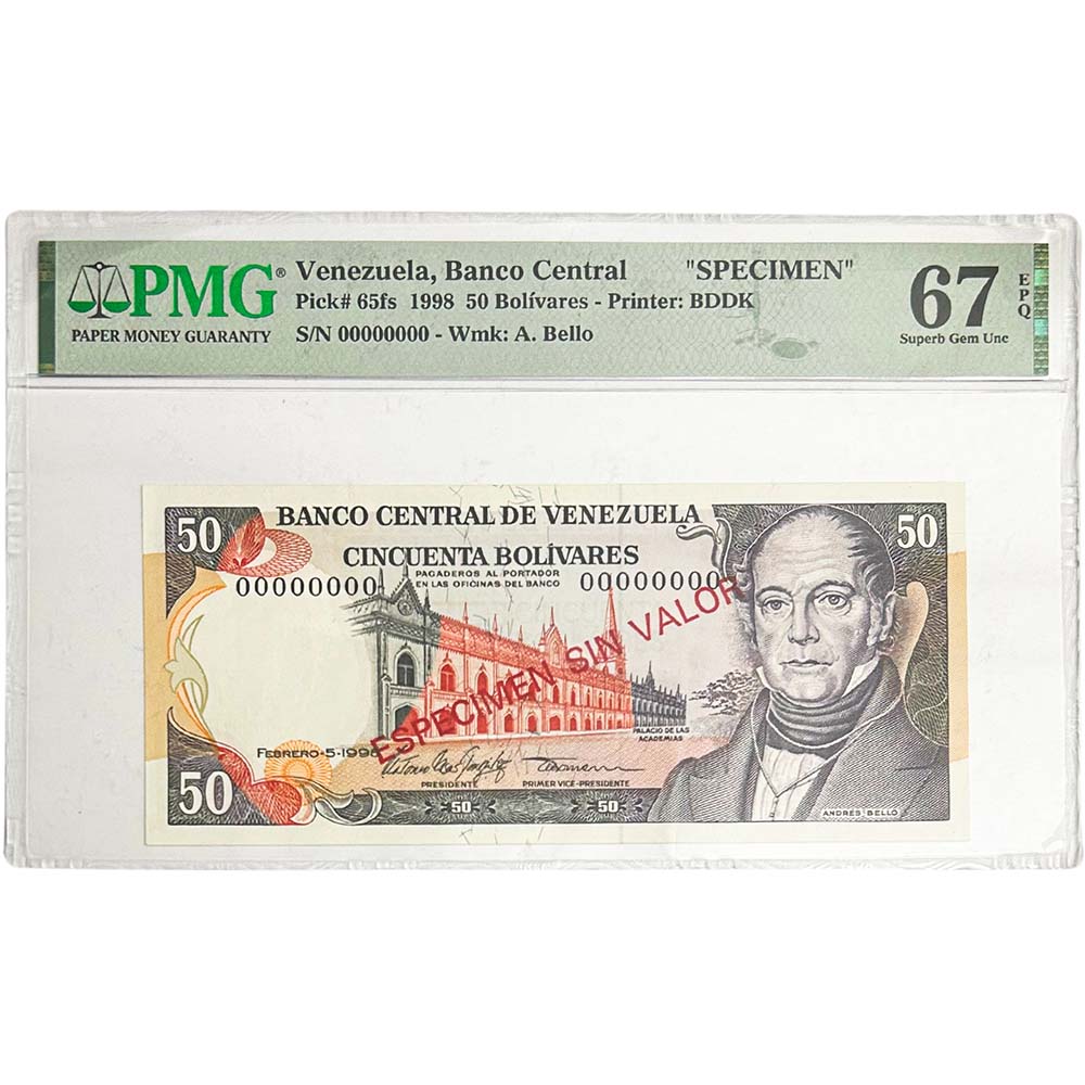 Venezuela Banco Central 1998 50 Bolivares PMG 67 Superb Gem Unc Thumbnail