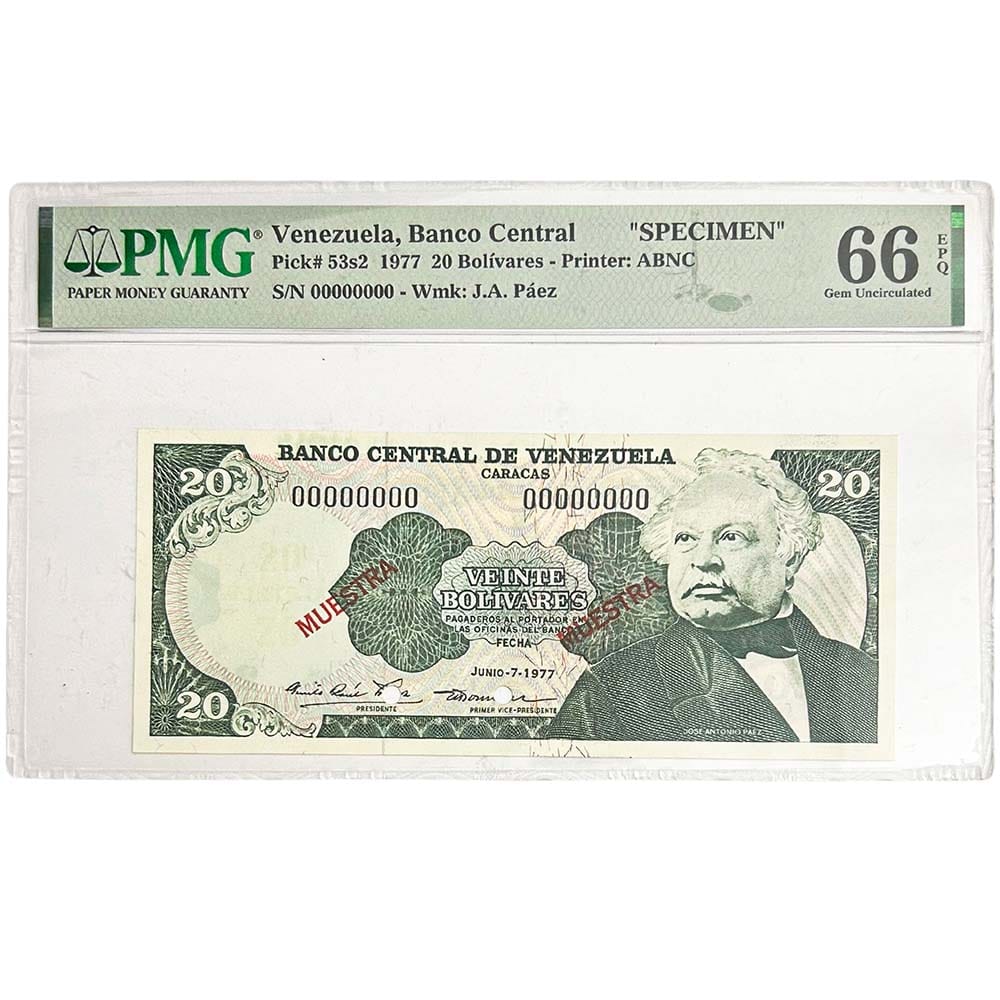 Venezuela Banco Central 1977 20 Bolivares PMG 66 Gem Uncirculated Thumbnail