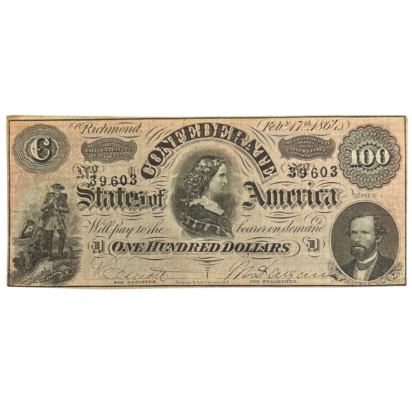 1864 Confederate States of America $100 Federal Reserve Note Front