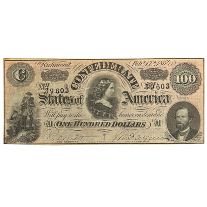 1864 Confederate States of America $100 Federal Reserve Note Front