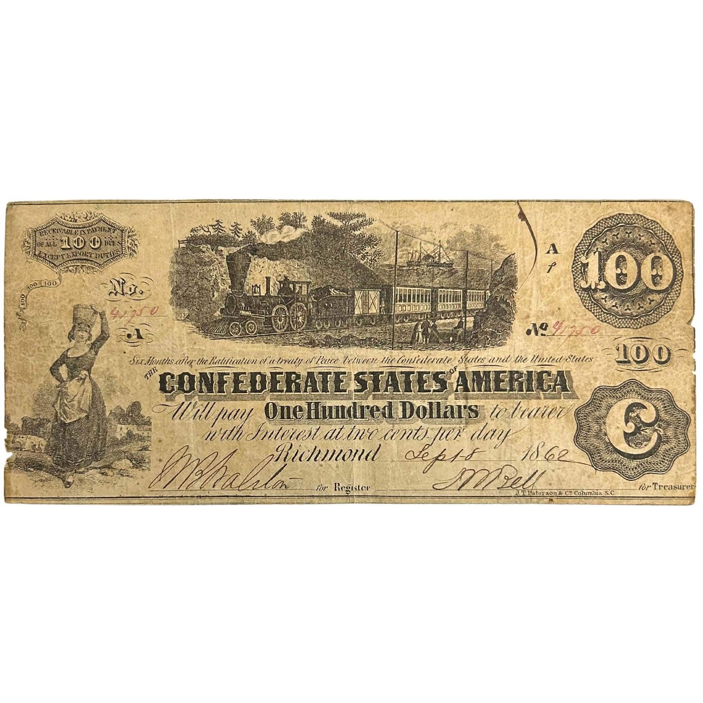 1862 Confederate $100 Bill Front