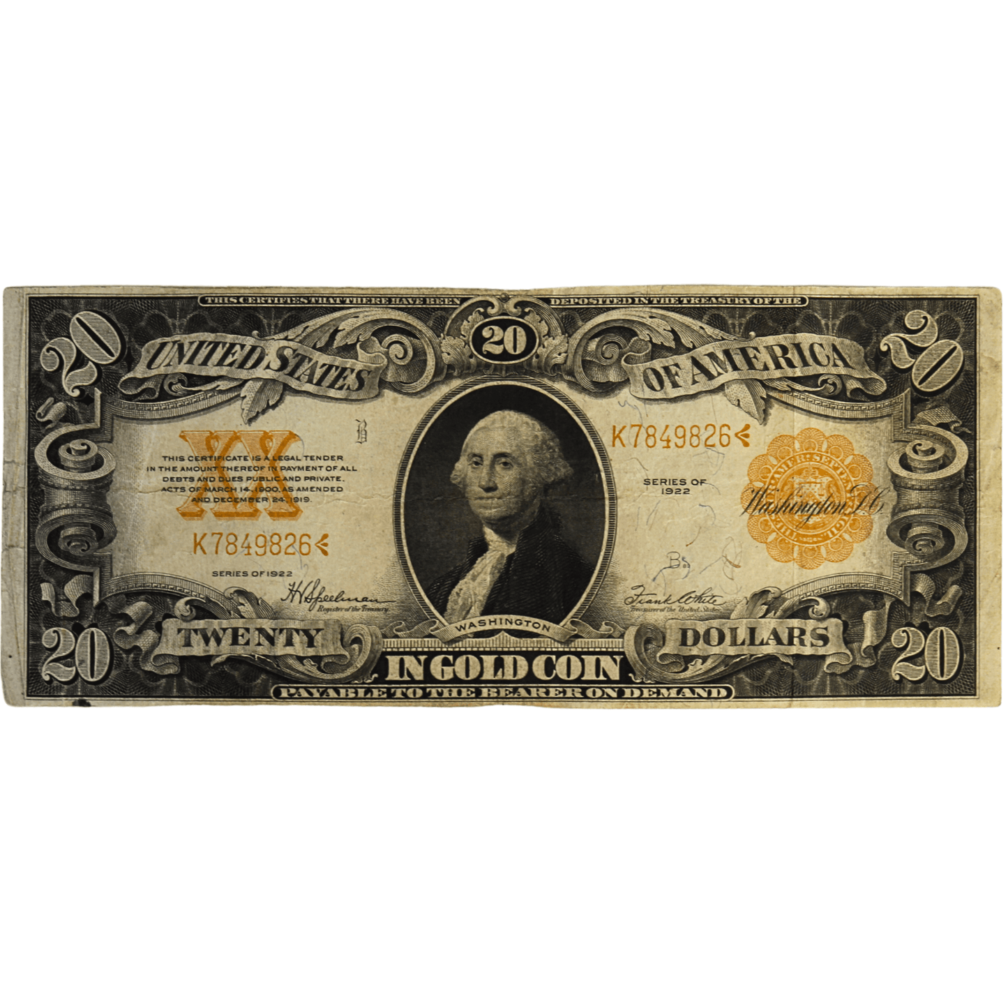 1922 United States $20 Dollar Gold Certificate ZOOM