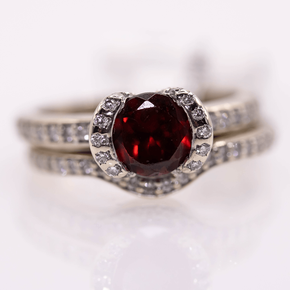 14K Round Cut Garnet Double Band Ring Gold & Silver Pawn Shop