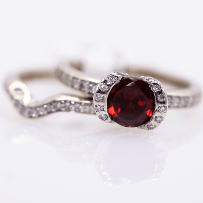 14K Round Cut Garnet Double Band Ring Gold & Silver Pawn Shop
