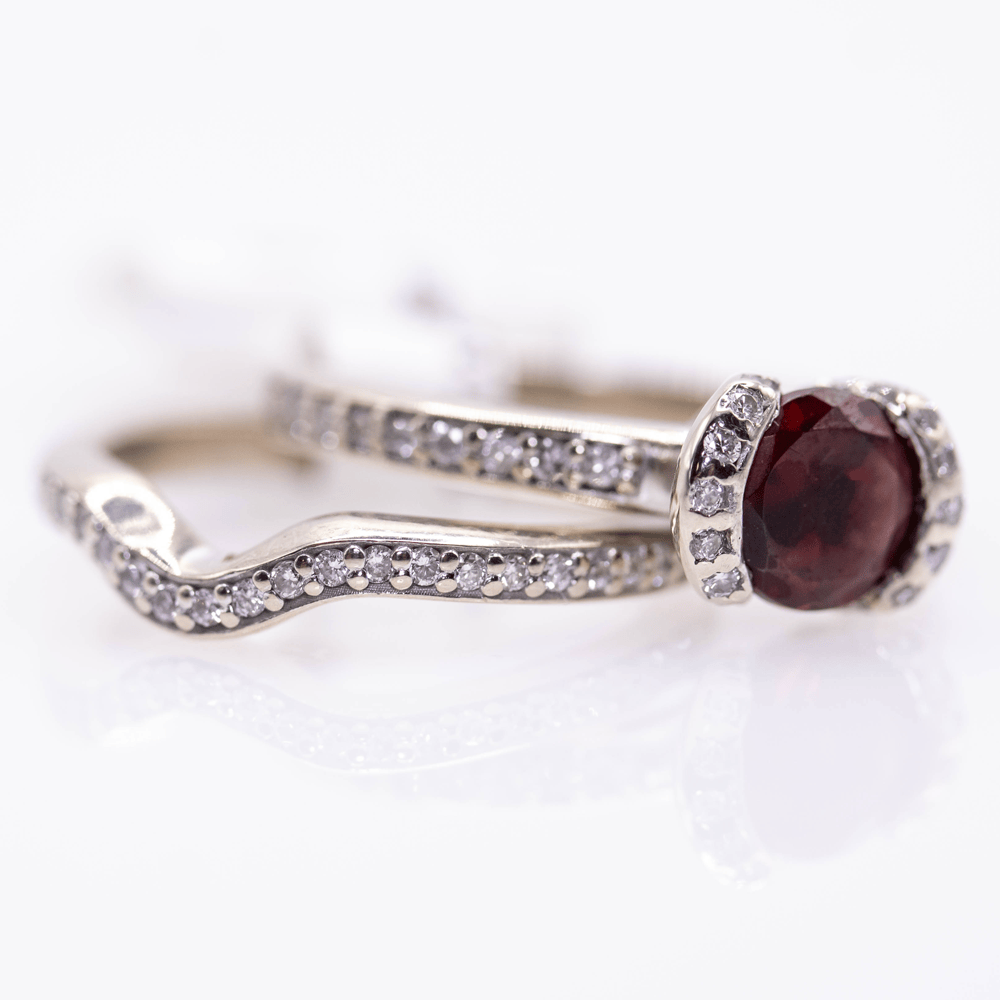 14K Round Cut Garnet Double Band Ring Gold & Silver Pawn Shop