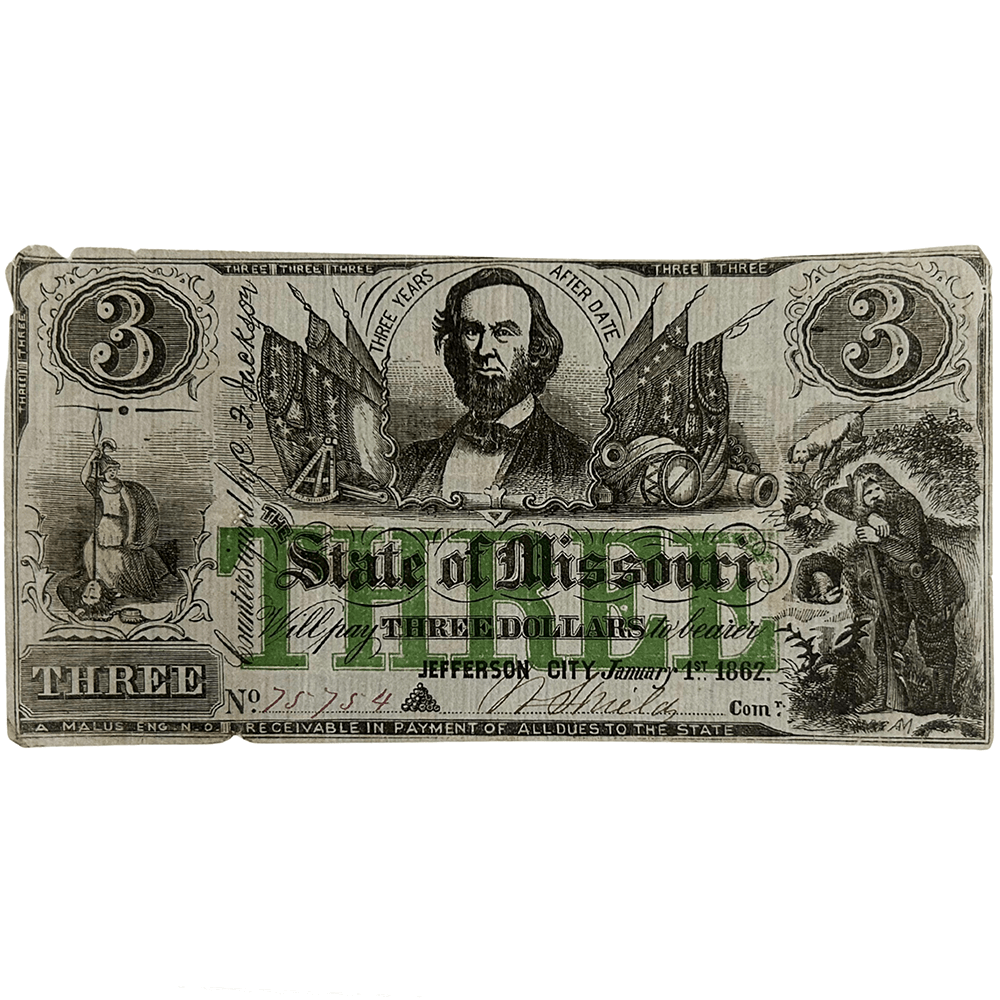 1862 Jefferson City State of Missouri $3 Note Gold & Silver Pawn Shop