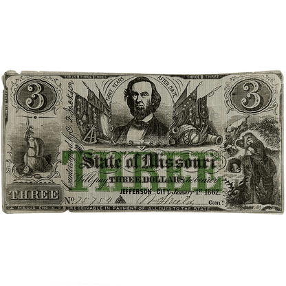 1862 Jefferson City State of Missouri $3 Note Gold & Silver Pawn Shop