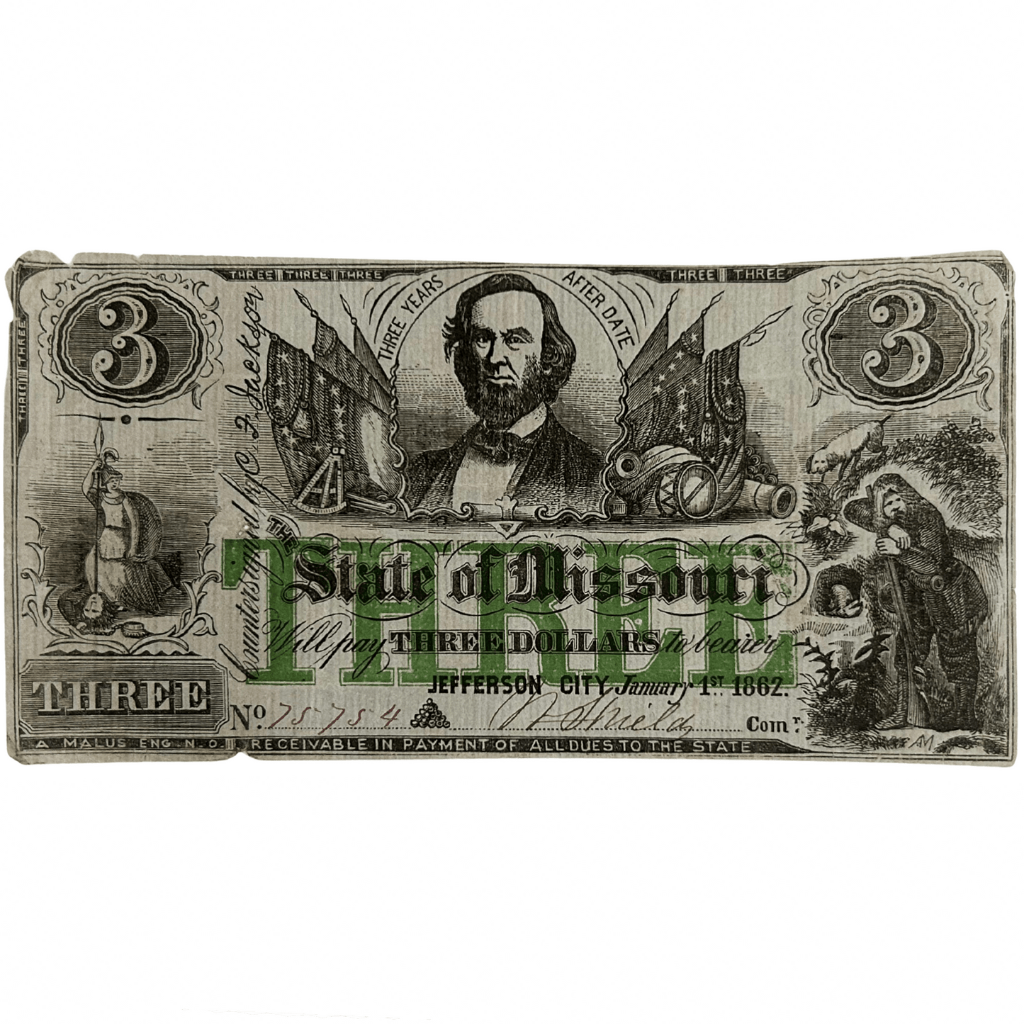 1862 Jefferson City State of Missouri $3 Note Gold & Silver Pawn Shop