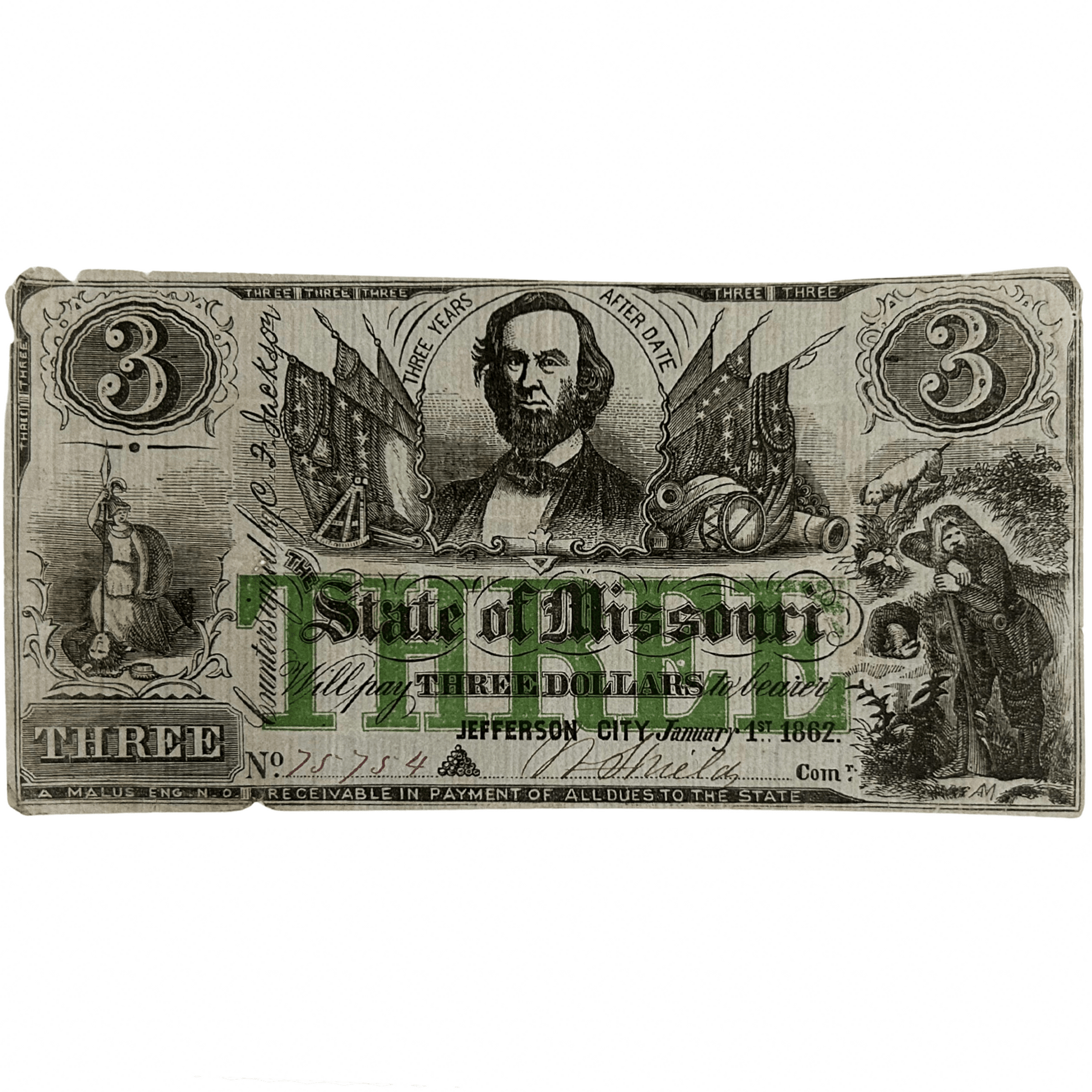 1862 Jefferson City State of Missouri $3 Note Gold & Silver Pawn Shop