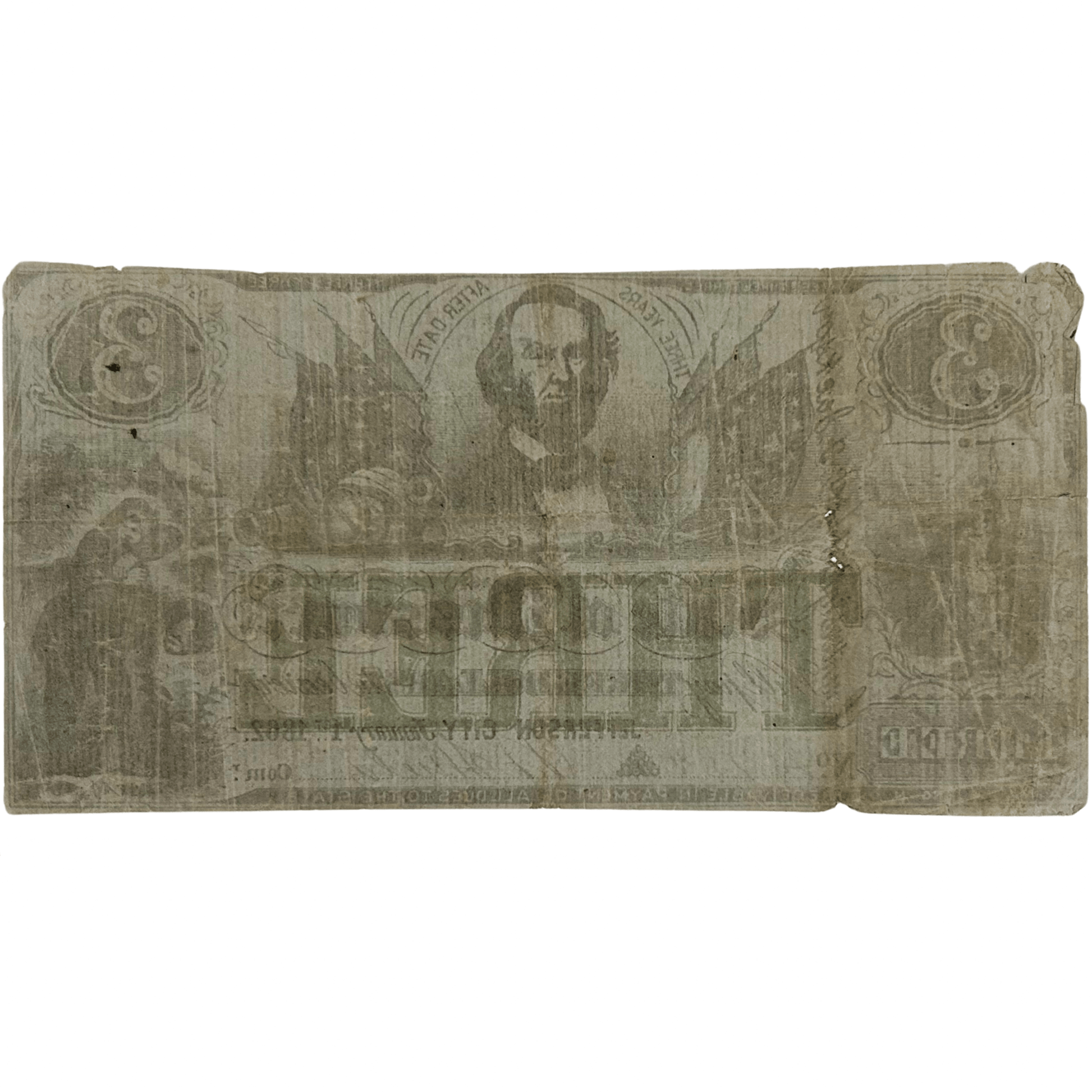 1862 Jefferson City State of Missouri $3 Note Gold & Silver Pawn Shop