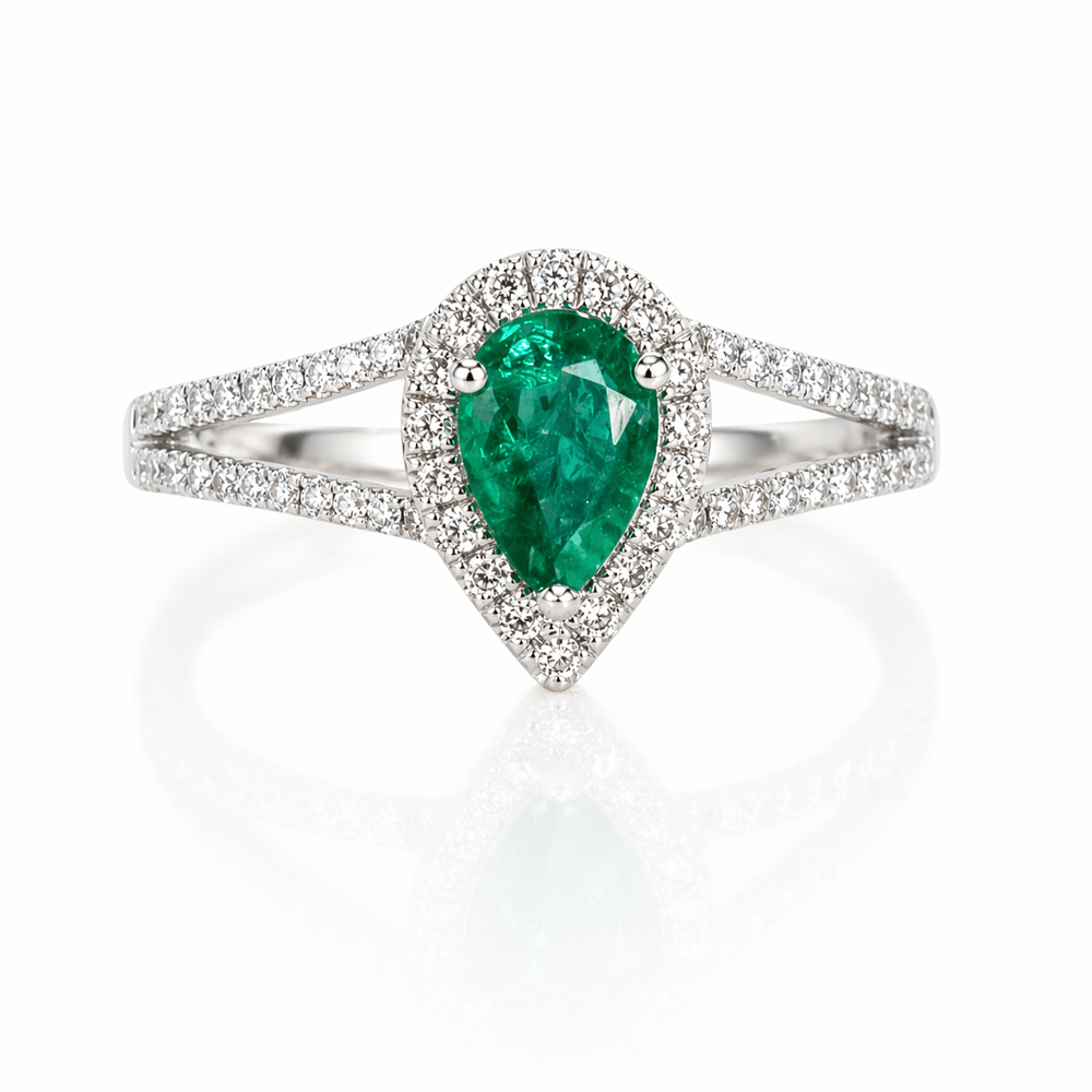 Split Shank Pear-Shaped Emerald & Diamond Halo Ring Gold & Silver Pawn Shop
