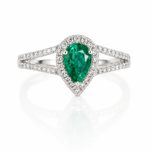 Split Shank Pear-Shaped Emerald & Diamond Halo Ring Gold & Silver Pawn Shop