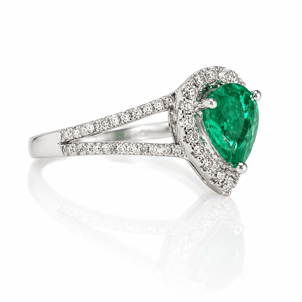 Split Shank Pear-Shaped Emerald & Diamond Halo Ring Gold & Silver Pawn Shop