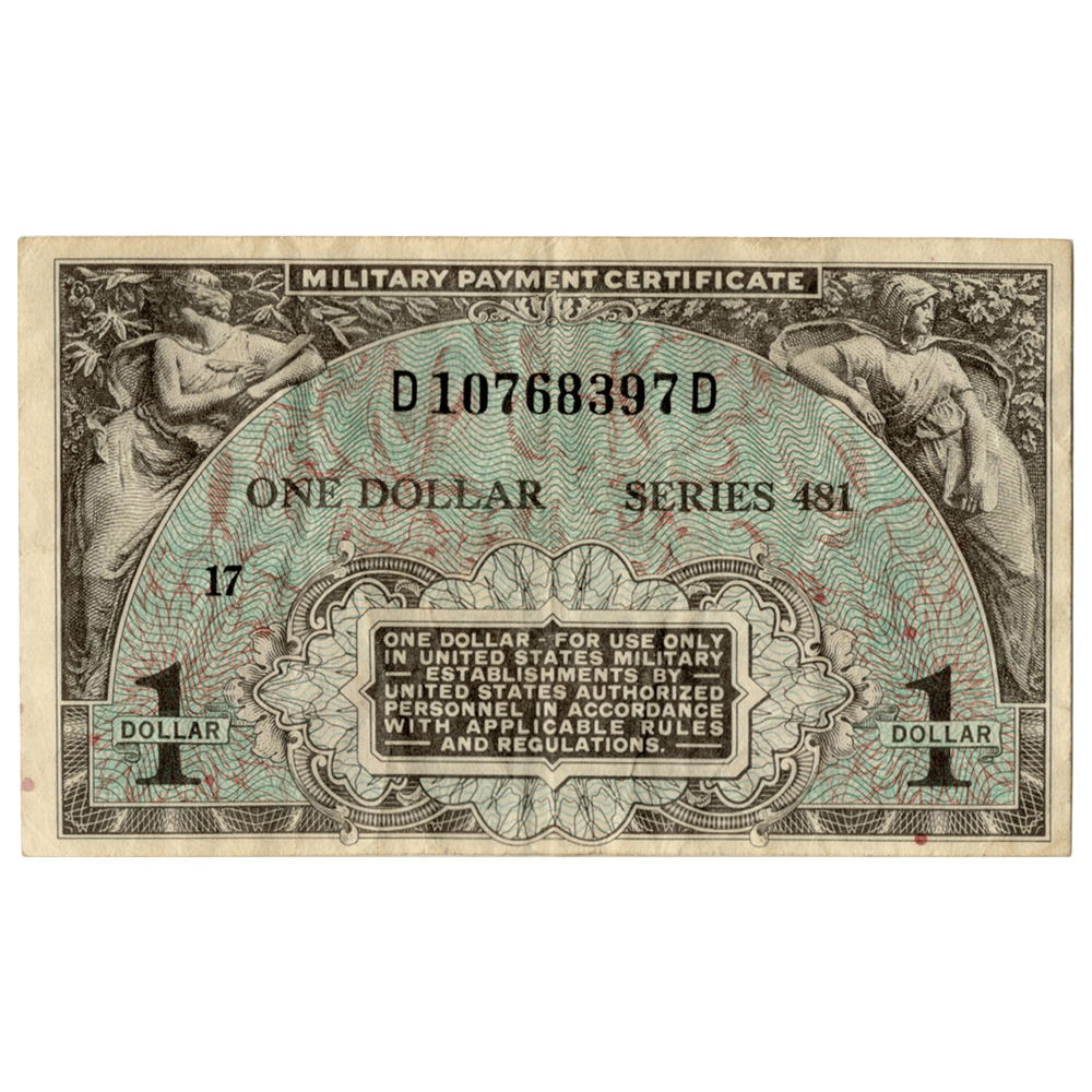 Military Payment Certificate $1 Series 481 Gold & Silver Pawn Shop