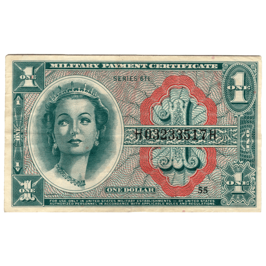 Military Payment Certificate $1 Series 611 Gold & Silver Pawn Shop