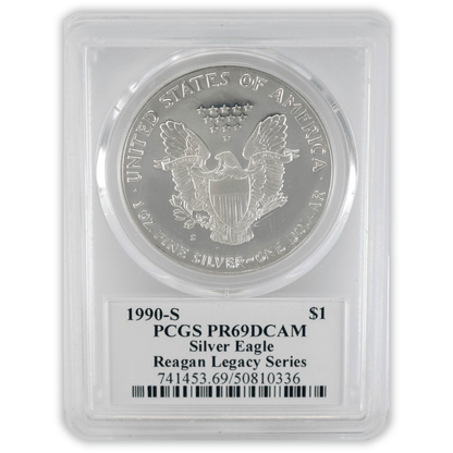 1990-S $1 PCGS PR69DCAM Silver Eagle Cameron Reagen Gold & Silver Pawn Shop