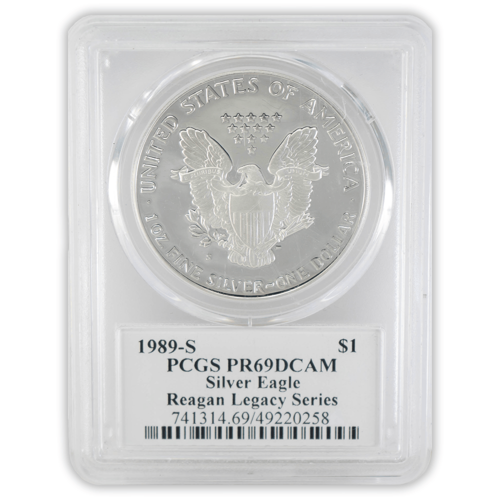 1989-S $1 PCGS PR69DCAM Silver Eagle Cameron Reagen Gold & Silver Pawn Shop