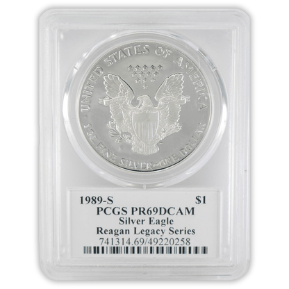 1989-S $1 PCGS PR69DCAM Silver Eagle Cameron Reagen Gold & Silver Pawn Shop