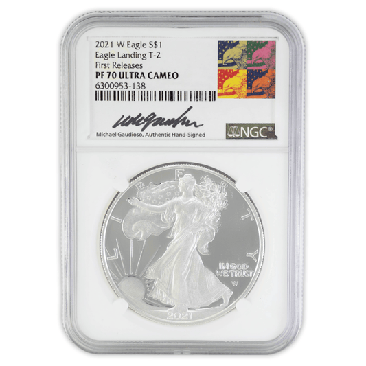 2021 W Eagle S$1 Eagle Landing T-2 PF 70 Ultra Cameo NGC Gold & Silver Pawn Shop White Core Case