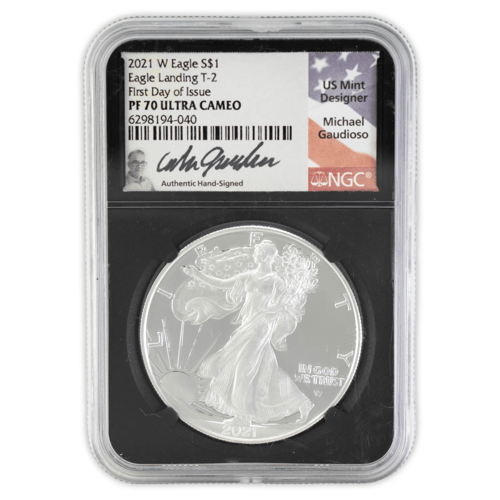 2021 W Eagle S$1 Eagle Landing T-2 PF 70 Ultra Cameo NGC Gold & Silver Pawn Shop Black Core Case