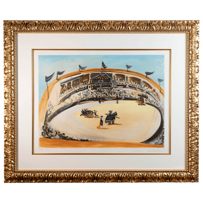 Pablo Picasso's aquatint in color La Corrida, 1956.  Framed in ornate gold
