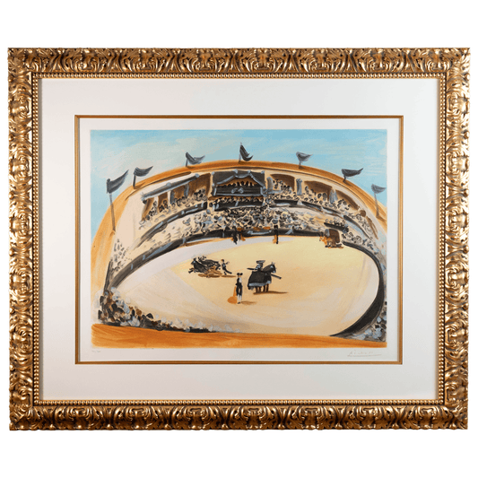 Pablo Picasso's aquatint in color La Corrida, 1956.  Framed in ornate gold