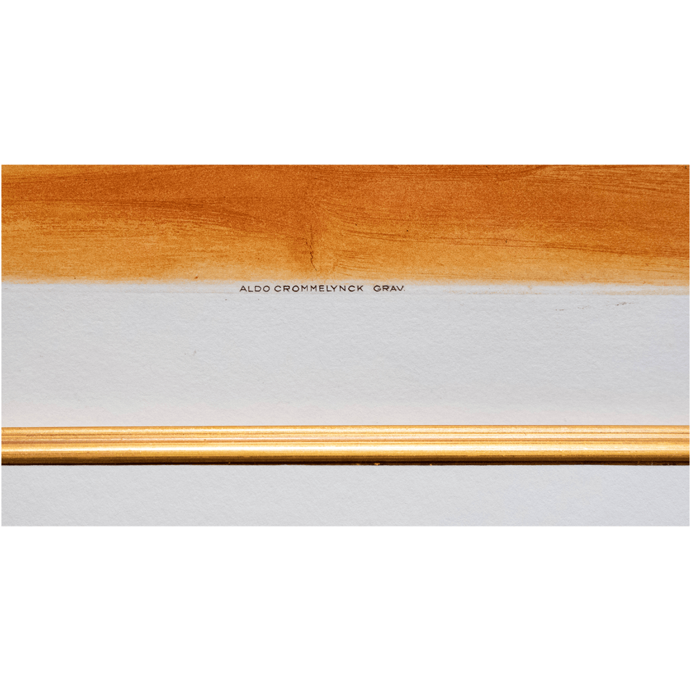 Engraver credit at bottom center of Picasso's La Corrida from 1956 that reads "Aldo Crommelynck Grav."