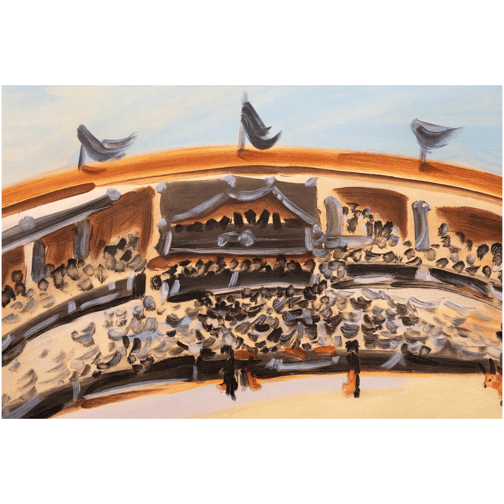 Closeup view of the stadium and crowd above the Picadors and Matadors of Picasso's La Corrida aquatint