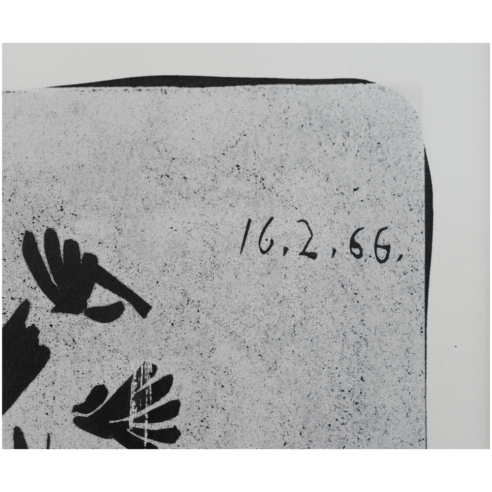 Date carved in the block "16.2.66" of Picasso's original linocut portrait of a man