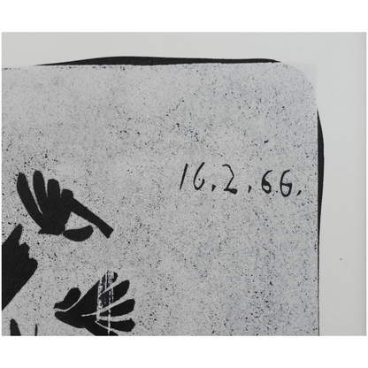 Date carved in the block "16.2.66" of Picasso's original linocut portrait of a man