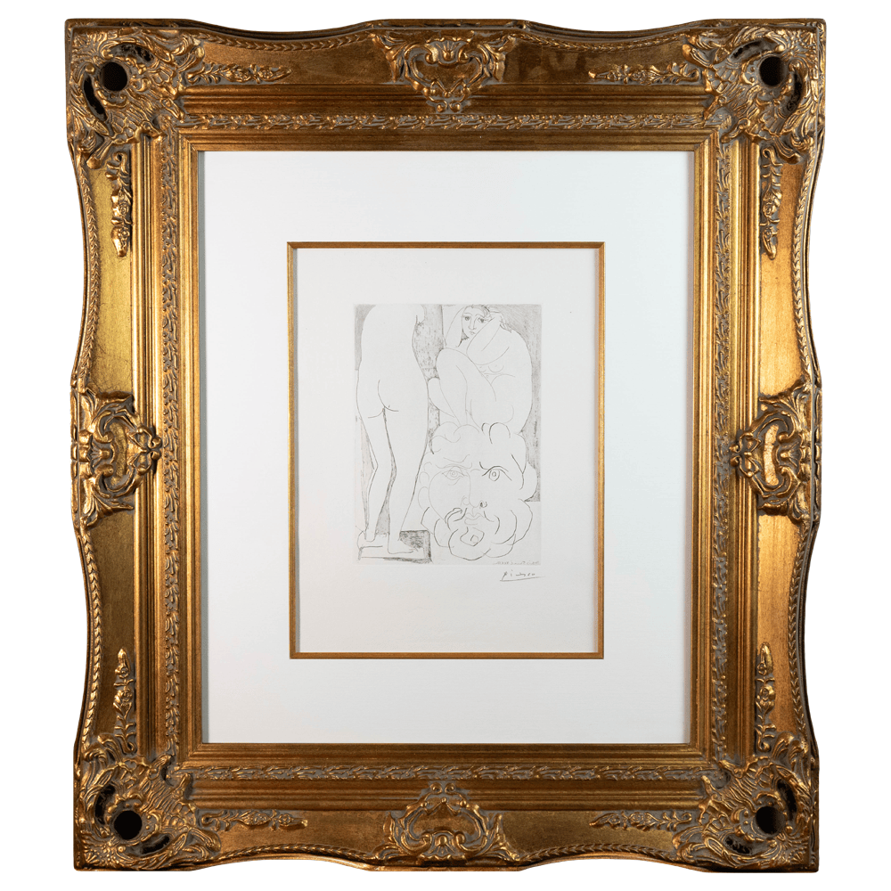 Picasso: Femme songeuse et inquiète dans l'atelier de sculpture, 1933. Framed in ornate gold frame