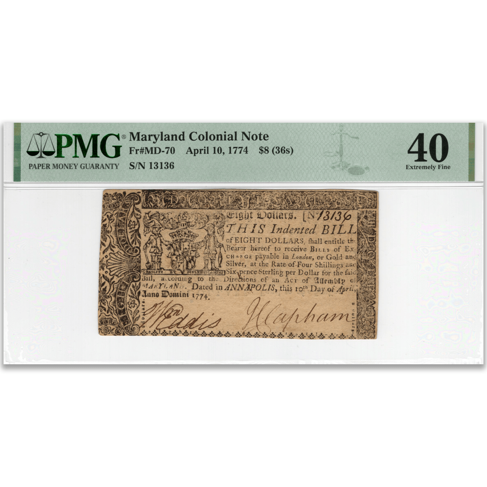 1774 Maryland Colonial Currency PMG Graded Gold & Silver Pawn Shop Fr#MD-70 PMG 40