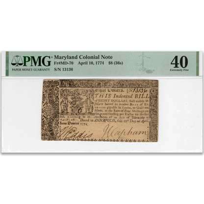 1774 Maryland Colonial Currency PMG Graded Gold & Silver Pawn Shop Fr#MD-70 PMG 40