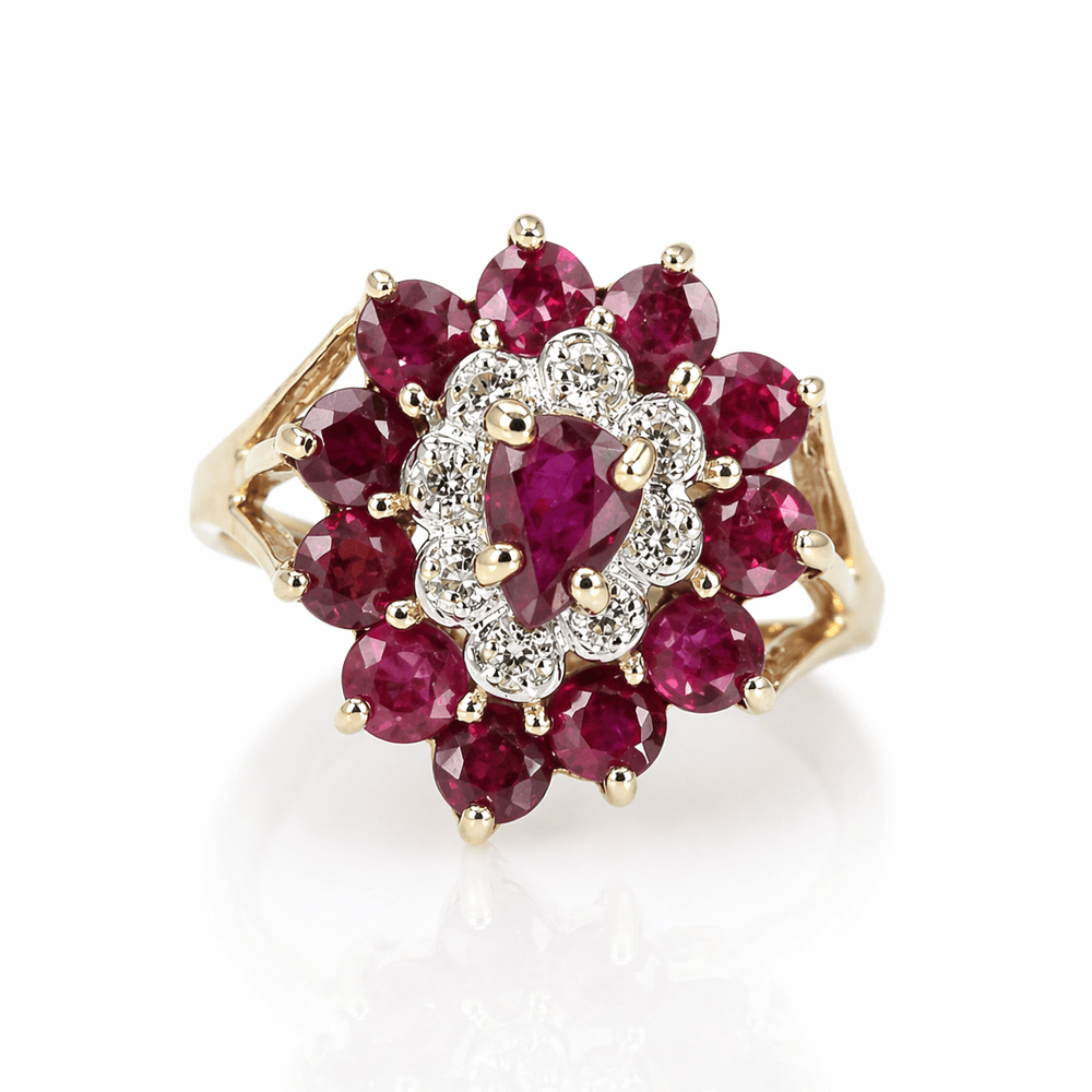 Floral Ruby & Diamond Cluster Ring 14K Gold & Silver Pawn Shop