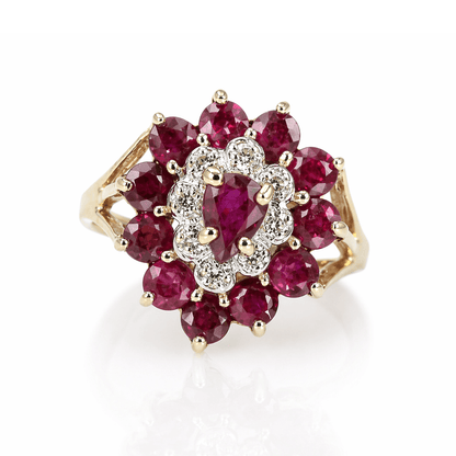 Floral Ruby & Diamond Cluster Ring 14K Gold & Silver Pawn Shop