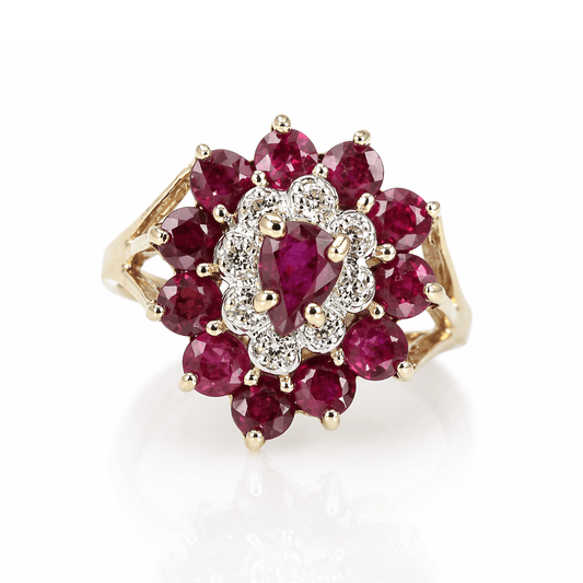 Floral Ruby & Diamond Cluster Ring 14K Gold & Silver Pawn Shop