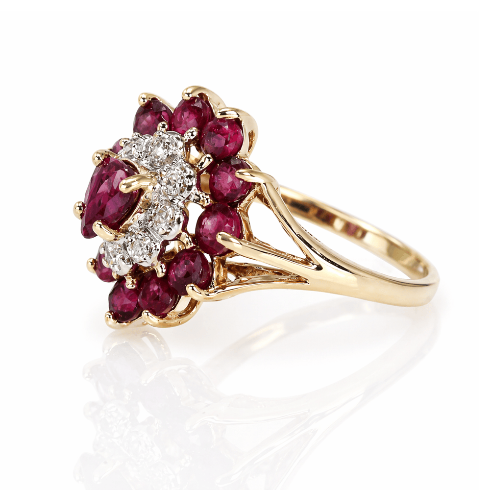 Floral Ruby & Diamond Cluster Ring 14K Gold & Silver Pawn Shop
