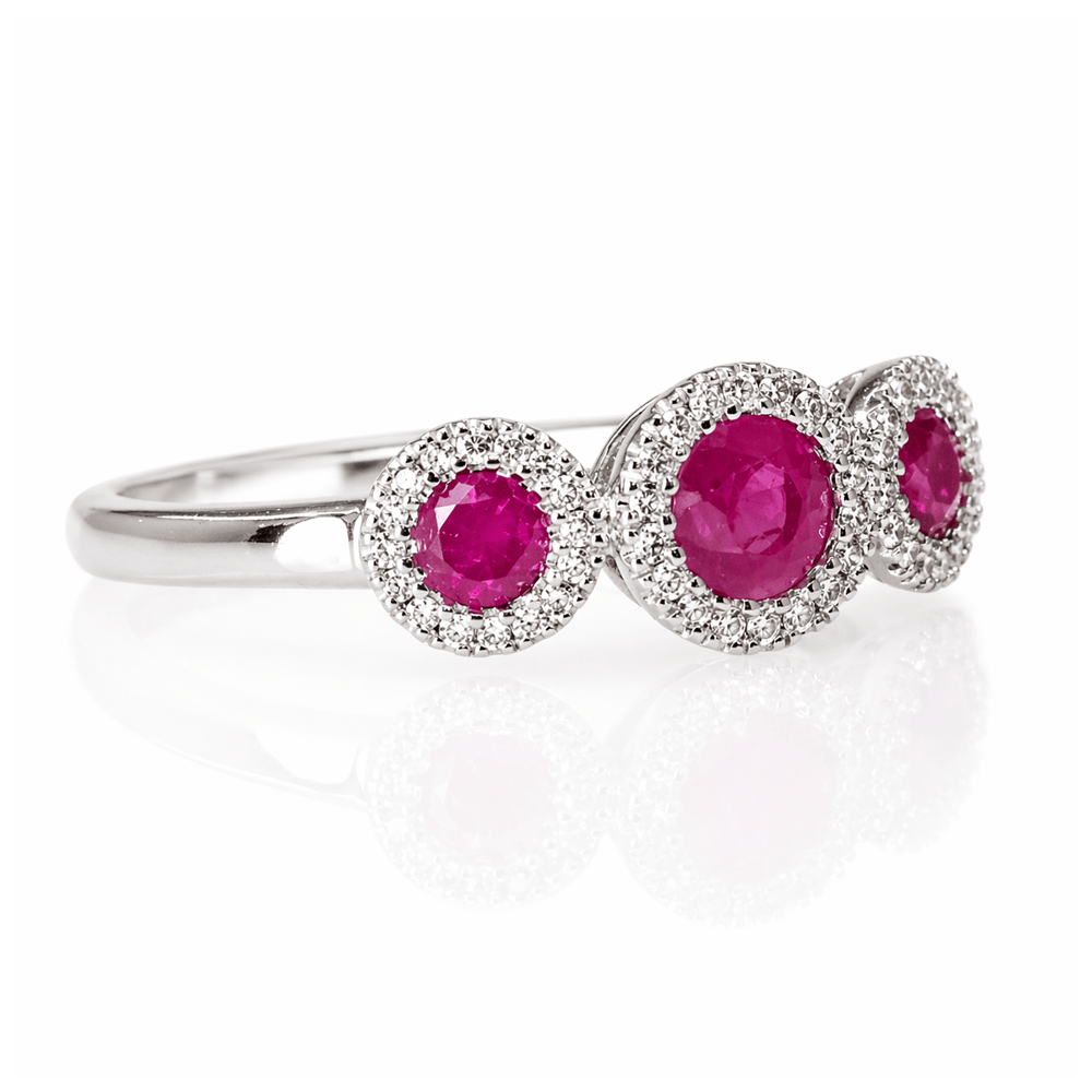 Three-Stone Ruby & Diamond Halo Ring in 14K White Gold
Gold & Silver Pawn Shop
