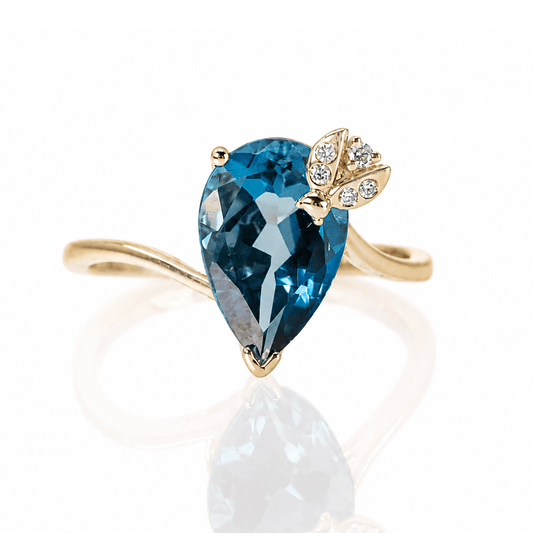 14K Yellow Gold Pear-Cut Blue Topaz & Diamond Ladybug Ring Gold & Silver Pawn Shop