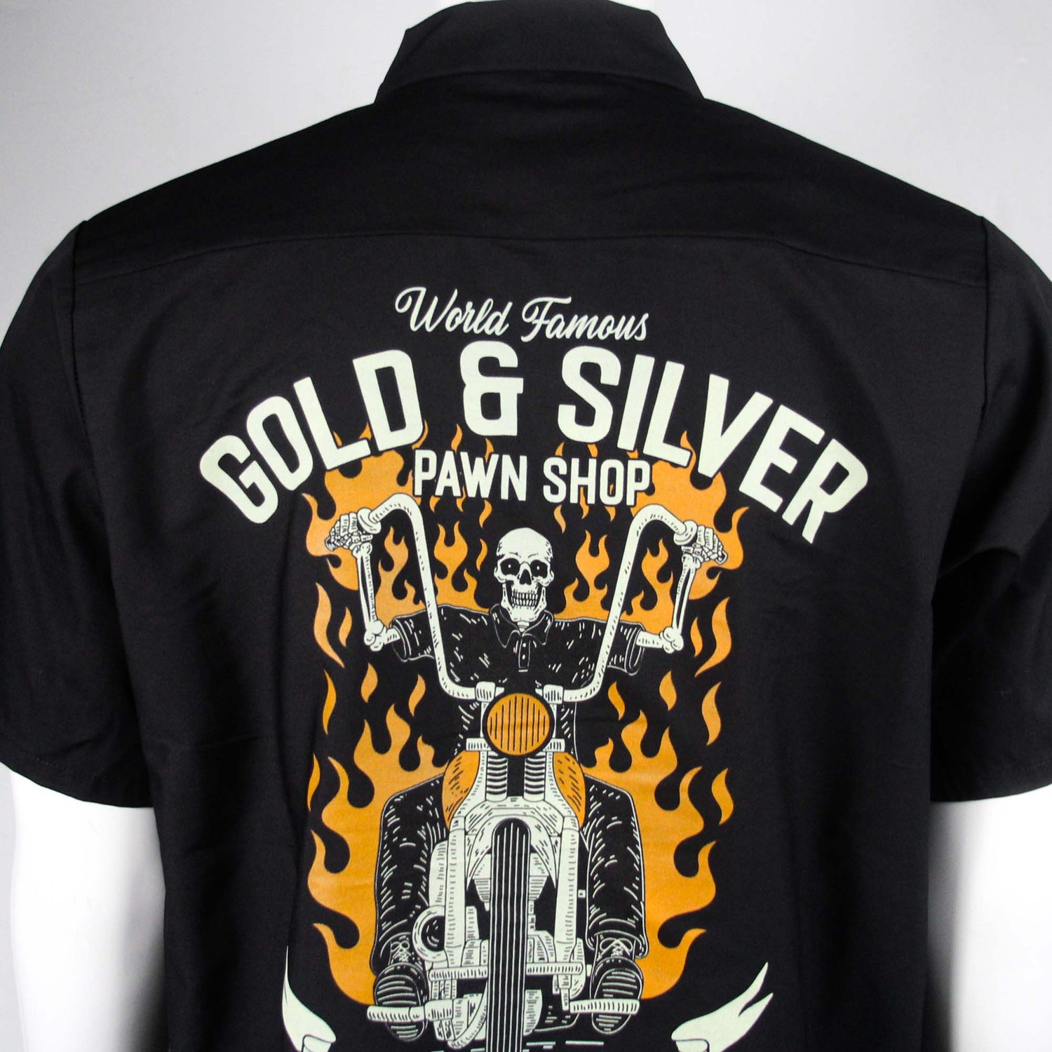 Gold & Silver Pawn Shop Collard Button Up Skeleton On Motorcycle T-Shirt Details